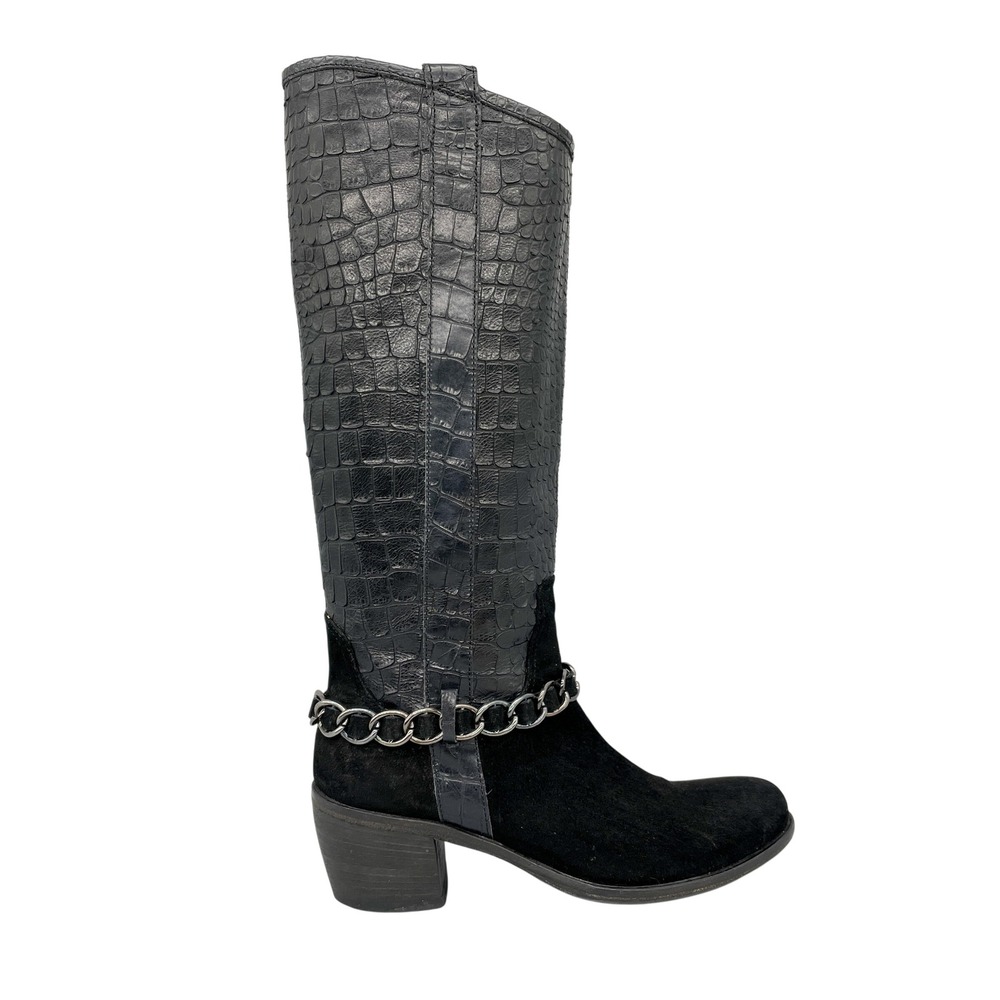 Bagatto Womens 36 6 Boots Black Leather Croc Suede Chain Western Biker Goth Punk